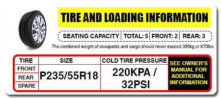 Example of a Tire Pressure Placard