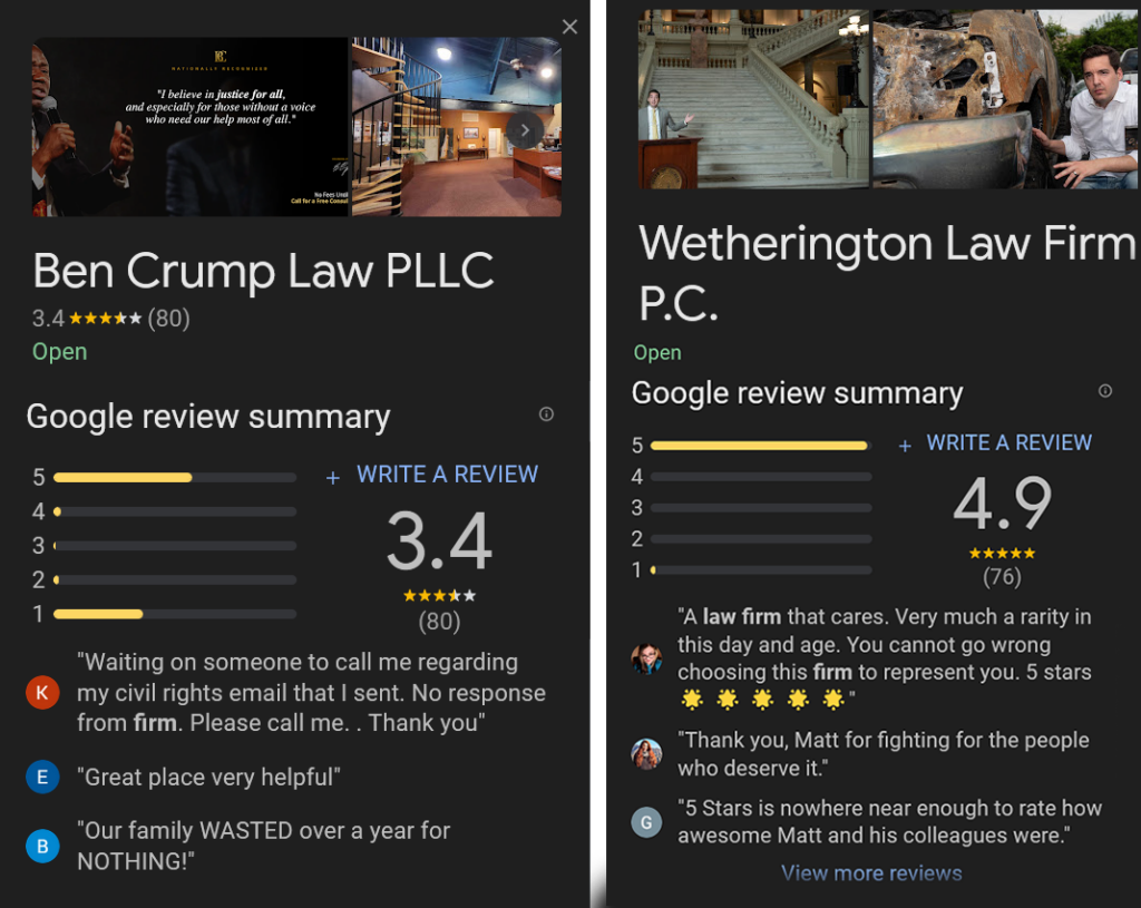 Client reviews of Ben Crump Law and Wetherington Law Firm
