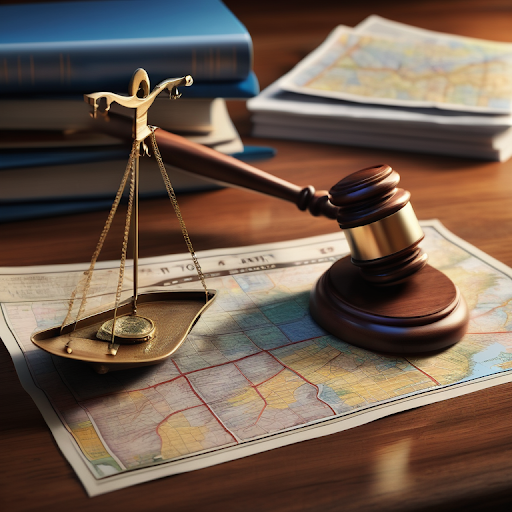 An illustrated scale balancing a car and Georgia map on a judge's desk, symbolizing comparative negligence laws.