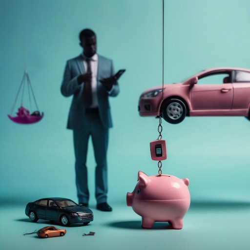 A person holding a toy car and a phone with an insurance agent’s silhouette and a balanced scale in the background.