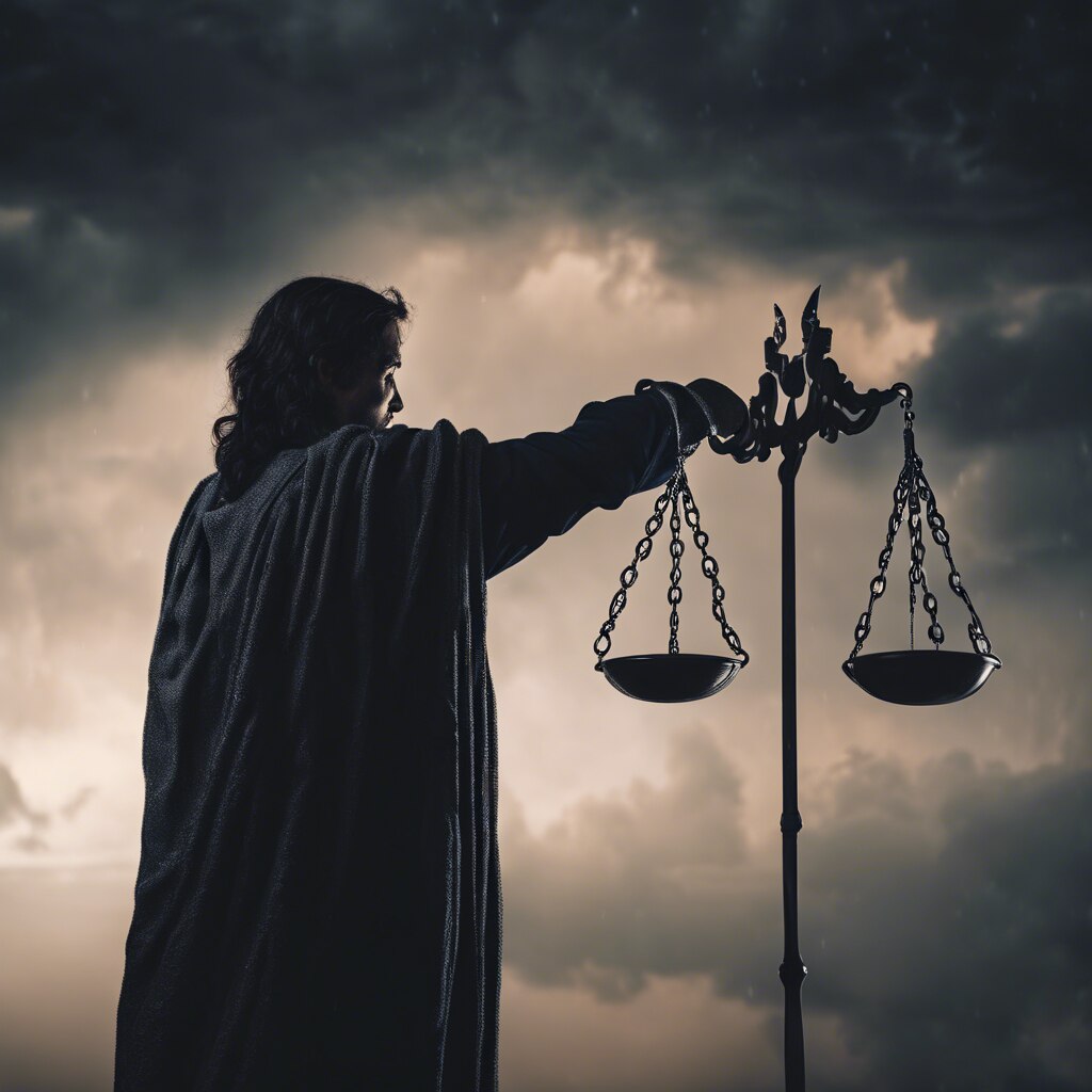A person caught between glowing scales of justice and a dark, stormy cloud, symbolizing the decision between settlement and trial.