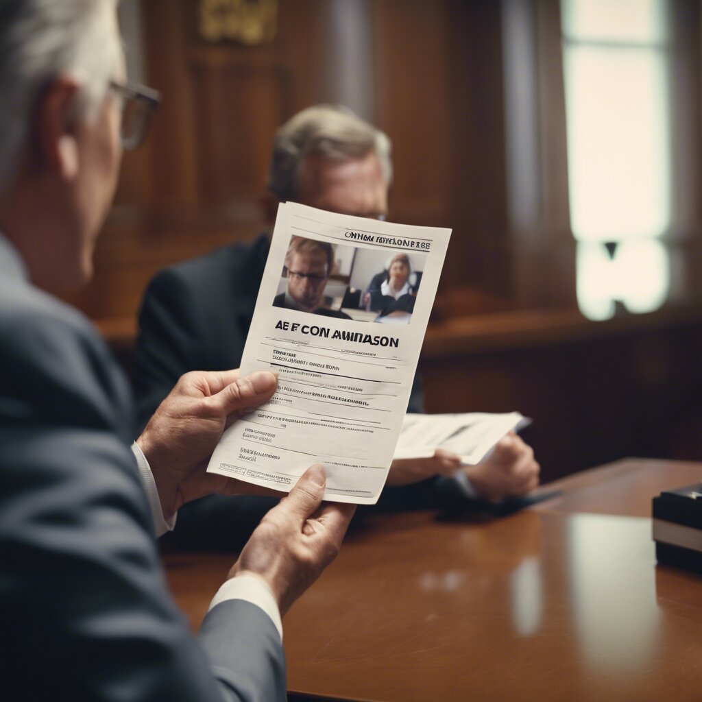 A person receives a scam awareness brochure from a lawyer in a courtroom setting.