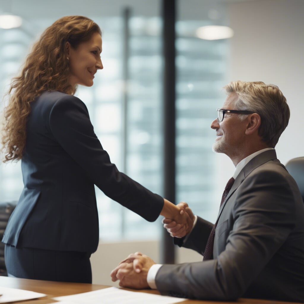 Female lawyer shaking hands with client in a professional, reassuring law office setting.
