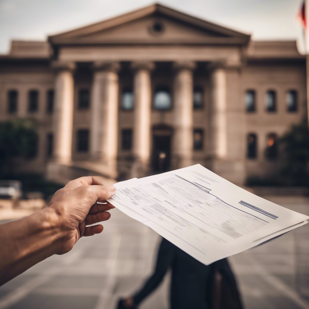 Person holding documents in front of a courthouse with Scales of Justice in the backdrop.