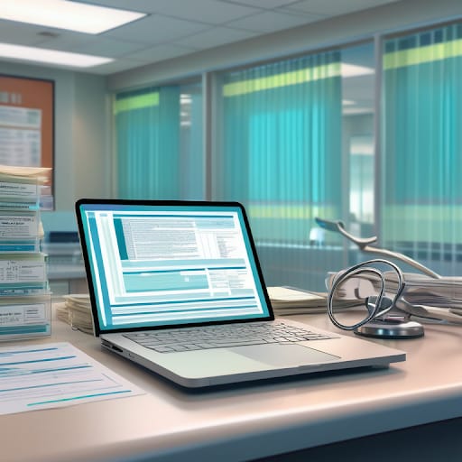 Stack of medical records on a desk with a judge's gavel superimposed, in a clean and bright hospital room.