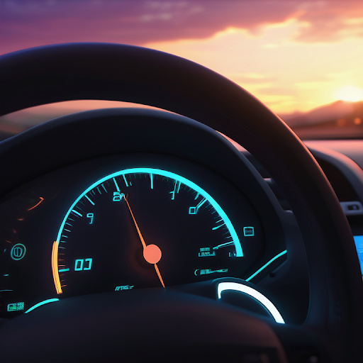 Dashboard with a lit tire pressure sensor warning, steering wheel silhouette against dusk sky.