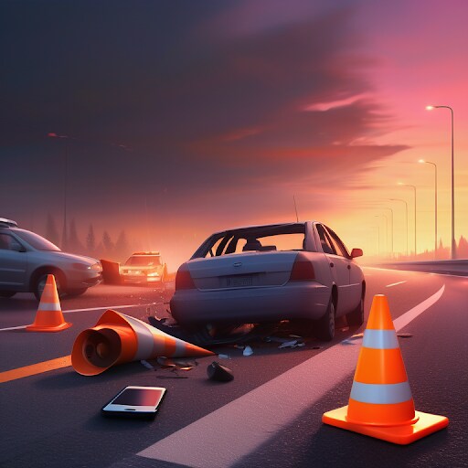 Image of a twilight roadside accident scene with emergency signals and a person making a phone call.