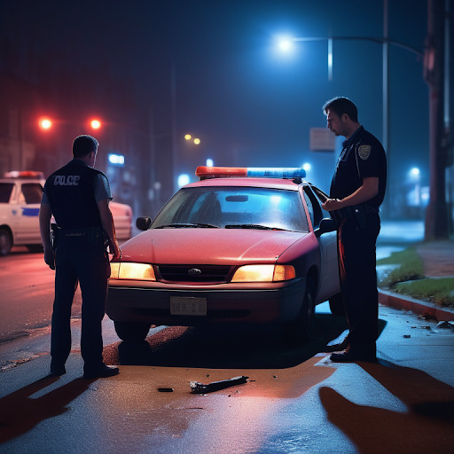 Person exchanging details beside a damaged car at night, with police lights in the background.