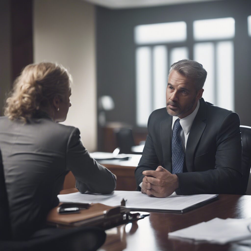 An image of a lawyer having a conversation with a client at the office on workplace compensation claims. 