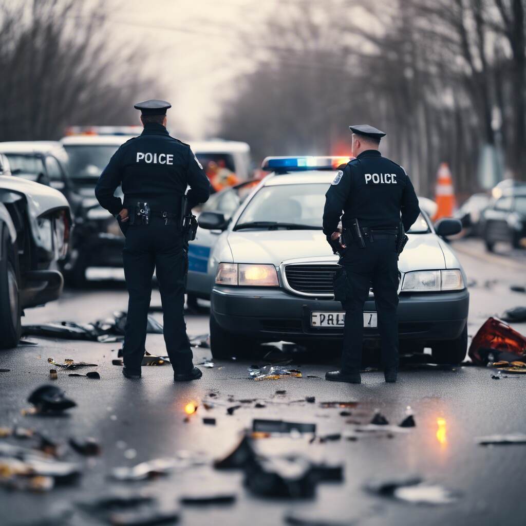 Police officers investigating a car accident scene.