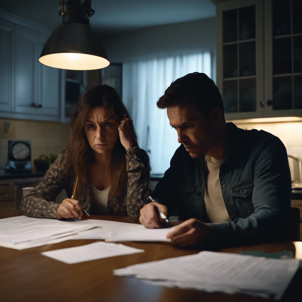 Couple with worried expressions reviewing medical bills and legal documents at a dimly lit kitchen table.