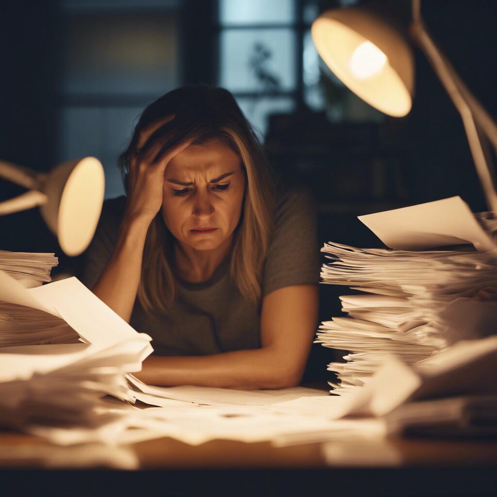 Upset woman surrounded by papers under a bright lamp, indicating stress and emotional distress.