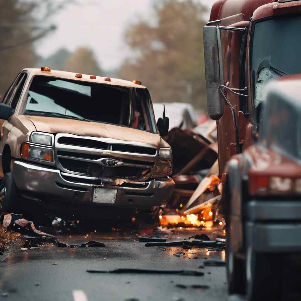 Truck accident collision scene with a Ford vehicle in a terrible condition 