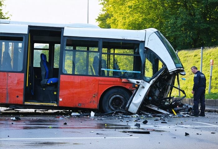 A police officer investigating a bus accident scene in Georgia