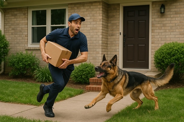 a dog chasing a delivery man in an Atlanta neighborhood.