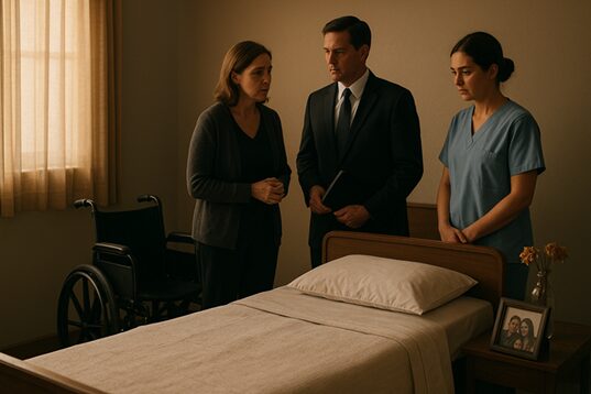 Somber scene in a softly lit nursing home room with an empty bed, wheelchair, vase of wilted flowers, and a family photo, as a grieving woman speaks with a suited attorney while a nurse stands nearby.