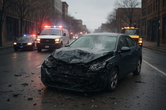 A car that was seriously damaged and totalled in a car accident