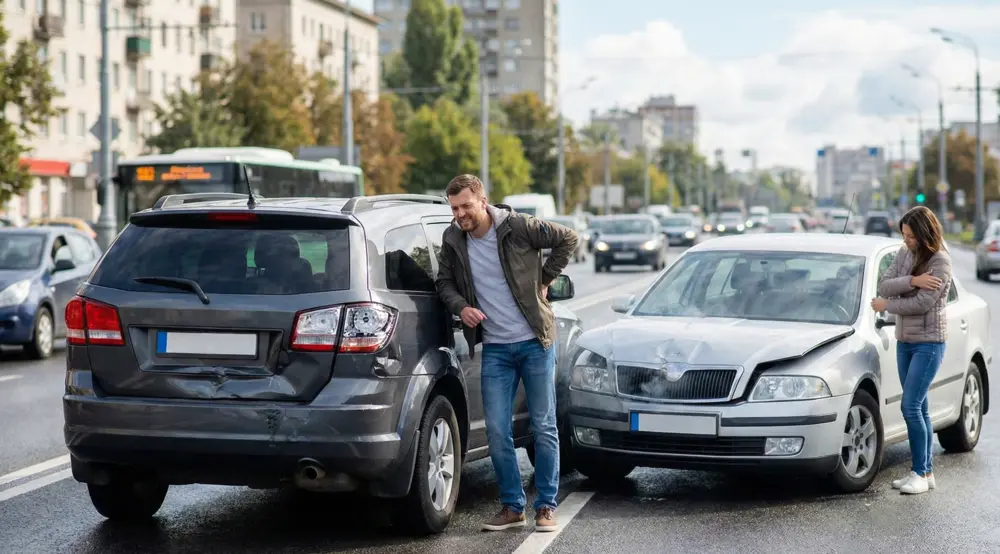 a rear-end collision on a sunny city road. A silver sedan has crashed into the back of a dark SUV, causing visible bumper damage and smoke. Two distressed drivers stand by their vehicles clutching their sides, indicating mild injury.