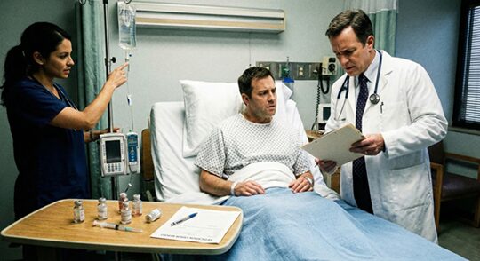 A doctor and nurse are in a hospital room, speaking with a concerned male patient in a hospital bed. The doctor is looking at a clipboard, the nurse is pointing to an IV bag, and a document titled "MEDICATION ERROR REPORT" is visible on a table next to the bed.