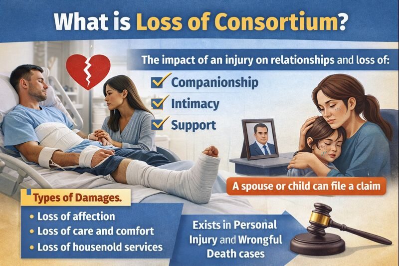Educational graphic titled “What is Loss of Consortium?” showing a spouse at a hospital bedside holding the hand of an injured partner, a grieving parent with child, and icons highlighting loss of companionship, intimacy, support, affection, care, and household services. Includes text noting that spouses or children can file claims in personal injury and wrongful death cases.