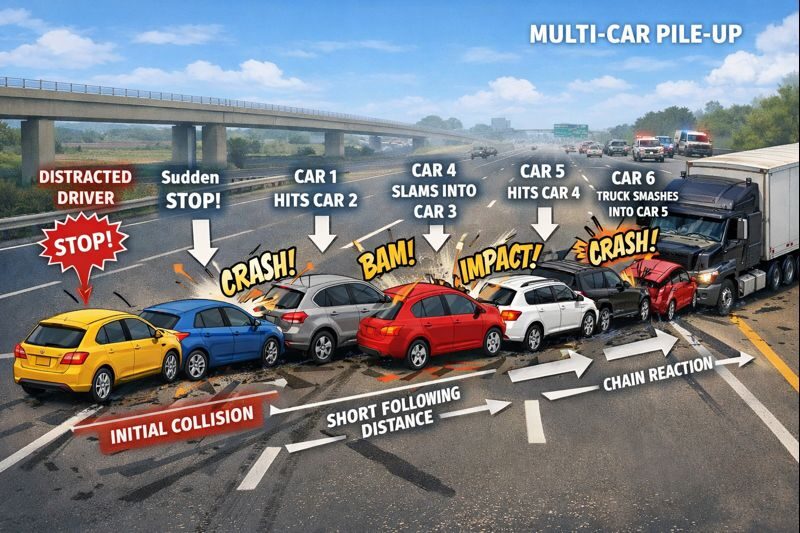 Educational illustration of a multi-car pile-up accident on a busy highway showing a chain-reaction crash, vehicle positions, braking points, and collision sequence from an initial sudden stop to multiple rear-end impacts.