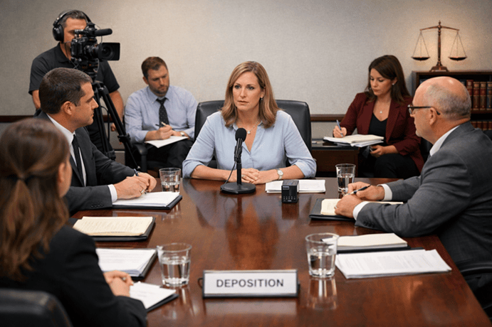 Deposition taking place in a conference room with attorneys questioning a witness at a table, a court reporter recording testimony, and a videographer filming the legal proceeding.